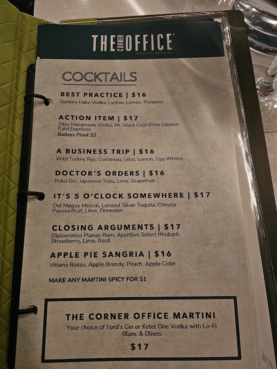 The Corner Office Restaurant + Martini Bar Menu - Image 1